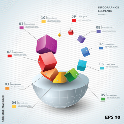 3D Circular Process Infographic Template. Vector Illustration of Colorful Cubes Spiraling from a Hemisphere with 10 Labeled Steps