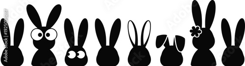 Group of black bunny silhouettes with big ears and round bodies against a transparent background