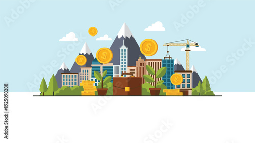 Illustration of business investment and urban development featuring falling gold coins, city buildings, and growing green plants.