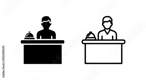 Male Hotel Receptionist Bell Icon Set - Modern Black Solid and Outline Design for Front Desk Service