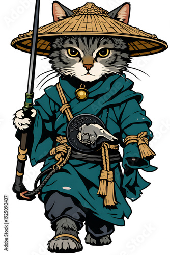 Warrior Cat Character Walking with Katana Sword in Japanese Ronin Costume