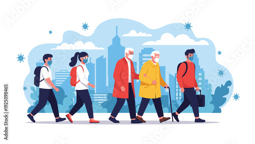 Group of diverse people of all ages wearing medical face masks walking together in a city to prevent the spread of contagious disease.