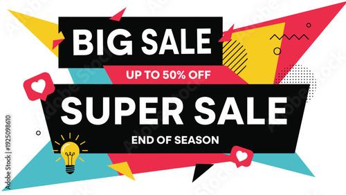 Geometric abstract sale banner with big sale and super sale text featuring up to fifty percent off seasonal promotion.