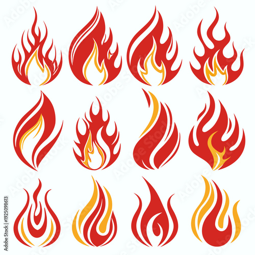 Twelve stylized flame icons arranged in a grid. Each flame is unique, with bold red and yellow tones, and different shapes and patterns that give varied artistic interpretations of fire.