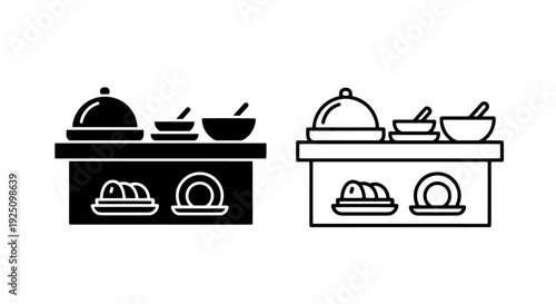 Buffet Table Service Icons with Food Warmers, Bowls, and Plates in Black and Outline Design