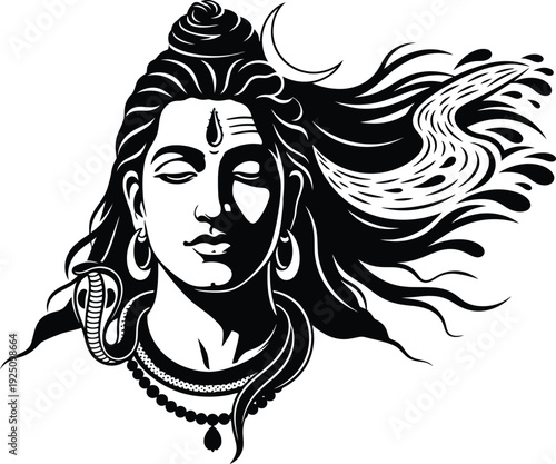 Lord Shiva India Graphic – Stylized Black and White Illustration with Crescent Moon, Flowing Hair, Snake, Third Eye, Ornaments, and Meditative Expression