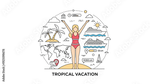 Tropical vacation planning illustration with woman in swimwear surrounded by cruise ships, map, and sunny island destinations.