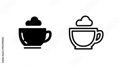 Foamy Coffee or Cappuccino Cup Icons on Saucer for Cafe, Beverages, and Milk Drinks