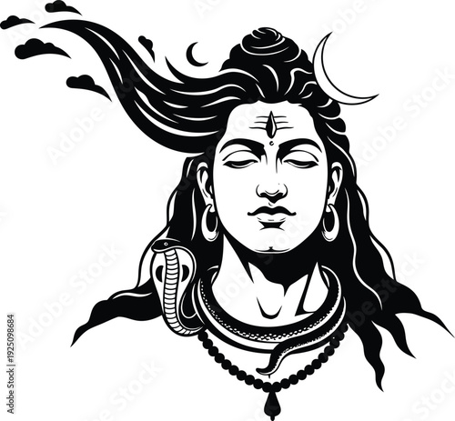 Lord Shiva India Graphic – Black and White Artistic Illustration with Crescent Moon, Flowing Hair, Clouds, Third Eye, Snake, and Ornaments