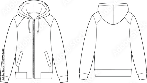Unisex Zip Up Hoodie with Drawstring Hood Technical Flat Sketch Front and Back Views Vector Apparel Template