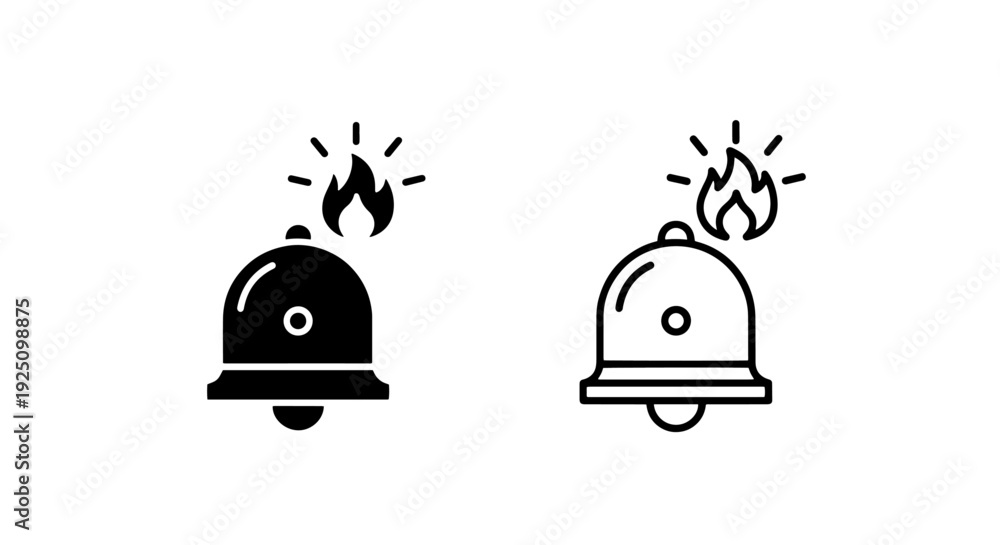 Fototapeta premium Fire Alarm Bell with Flame Warning Vector Icons; Emergency Safety and Alert Symbol Graphics