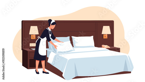 Hotel room service illustration with female maid in uniform tidying the white bed and pillows in a luxury guest bedroom.