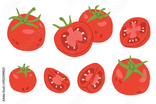 Set of red whole,slice,half tomatoes in flat style. Fresh whole tomato vegetables isolated on light background. Vector illustration for healthy food, greengrocer or grocery design.