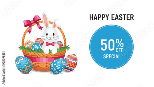 Easter sale promotion banner featuring cute white bunny in a wicker basket with colorful patterned eggs and a special discount.