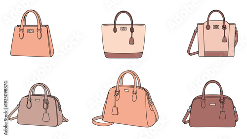 Set of fashionable women's leather handbags in different styles and warm earth tones displayed on a plain white background.