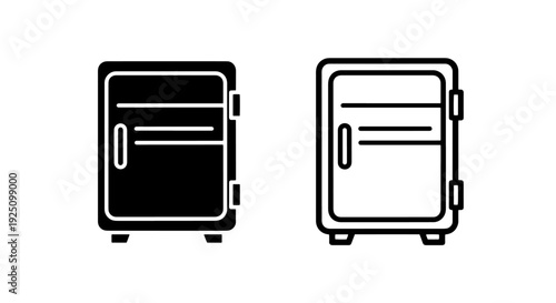 Mini bar and small refrigerator icons set for hotel room and compact kitchen storage