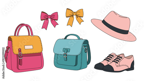 Collection of stylish fashion accessories including colorful leather bags, pink shoes, a wide brim hat, and decorative bows.