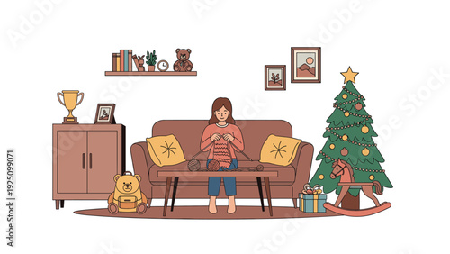 Cozy winter scene of woman knitting on a sofa in a living room decorated with a Christmas tree and various toys.