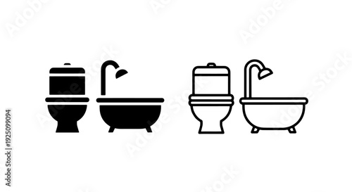Minimalist Bathroom Fixture Icons Representing Toilet and Bathtub in Both Solid and Outline Vector Designs