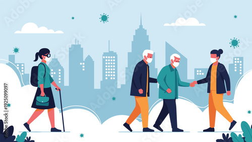 People wearing protective face masks walking in a city during the coronavirus pandemic to ensure safety and health.