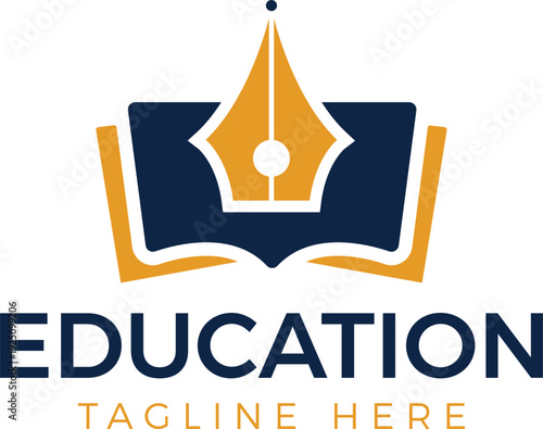 Professional Academic Logo with Golden Fountain Pen Nib and Open Book Concept, Elegant Literacy Emblem Featuring Calligraphy Pen and Literature Pages for Law School Vector Illustration