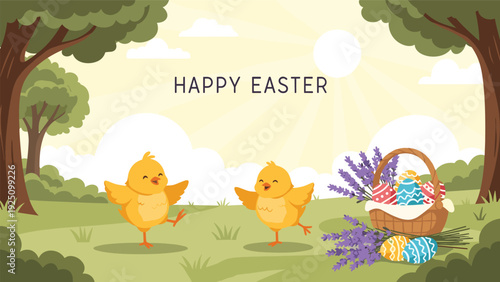 Happy easter greeting card with two joyful yellow chicks in a sunny meadow next to a basket full of decorated eggs.
