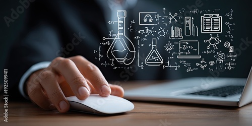 Hand using a mouse near a laptop, with drawn scientific diagrams