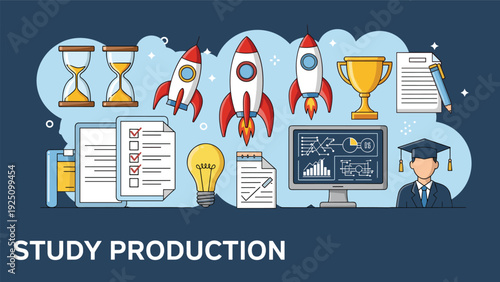 Educational success concept with icons for study production featuring rockets, lightbulbs, graduation caps, and computer analysis.