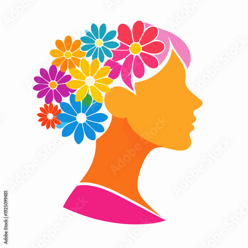Elegant side view profile of a woman with vibrant floral hair, wearing a pink dress, captured as a stylized illustration on a clean white canvas, emphasizing colorful artistry