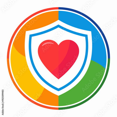 Illustration of a white shield with a red heart at its center, set within a circular background split into orange, blue, green and yellow sections, shown from a front view showing protection and love