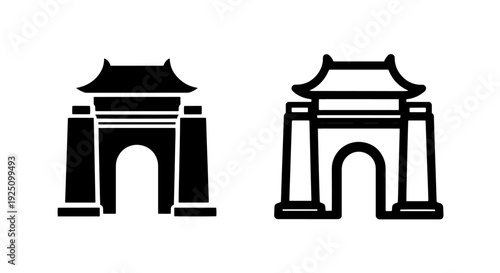 Traditional Oriental Gate and Asian Architecture Icons in Solid and Outline Style for Travel and Culture