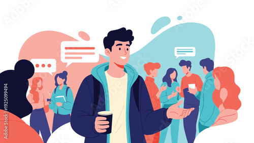 Social interaction concept with young man holding coffee talking in a crowd of diverse people with speech bubbles in background.