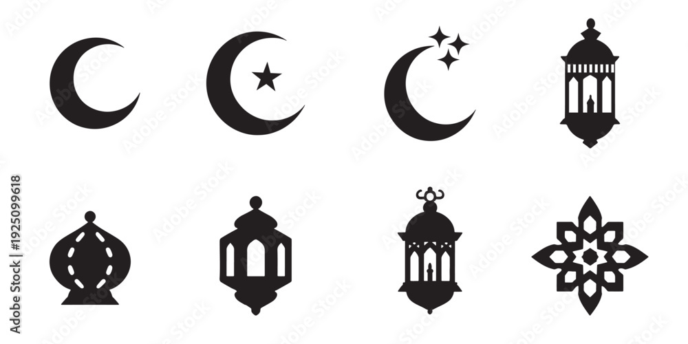 Fototapeta premium Ramadan Islamic icon set. Crescent moon, lantern and decorative Eid symbols. Solid black vector pack.