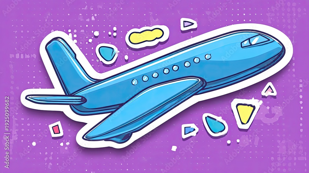 Naklejka premium Sticker Design: Cartoon blue plane on a purple background