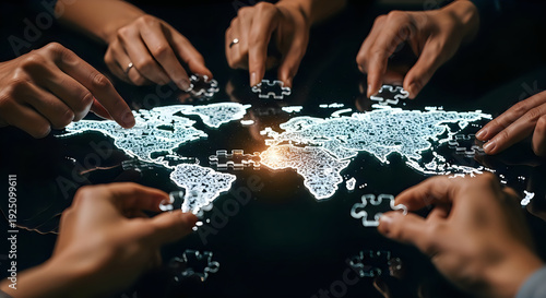 Hands assembling a glowing world map puzzle