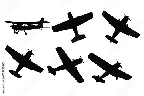 Set of Propeller Airplane Silhouettes, Private Light Aircraft Icons and General Aviation Symbols Isolated on White Background