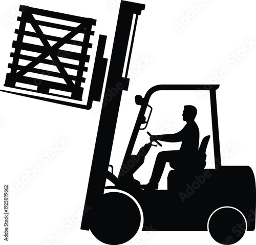 Forklift truck silhouette lifting wooden cargo crate with male operator driving in warehouse