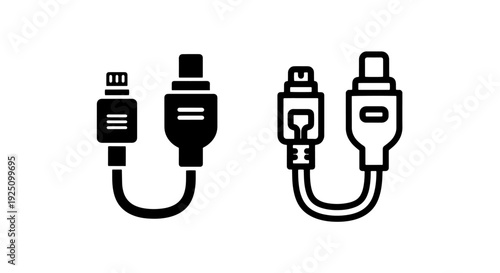 USB data cable and charging connector icons in flat black and line art styles for technology design
