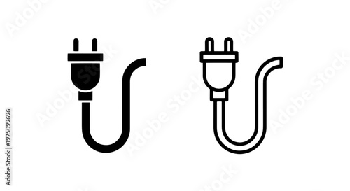 Standard electrical plug with cord icon set representing power supply and energy connection for electronics
