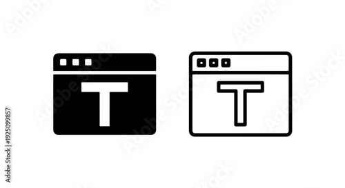 Web Browser Window with Text Tool Icons in Solid and Outline Style for Design and Typography Applications