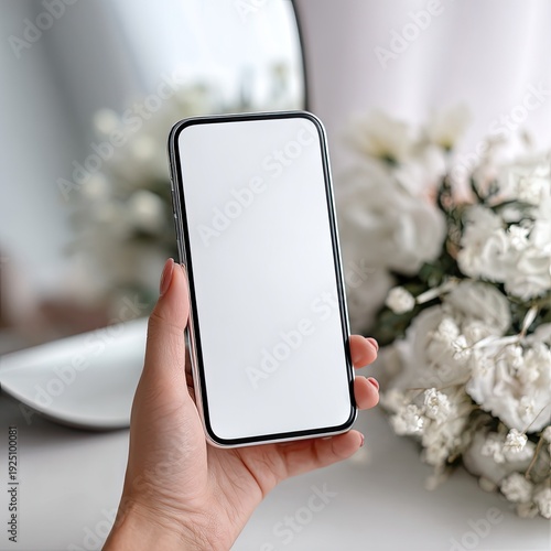 A hand holds a phone with a blank screen, near white flowers and a mirror