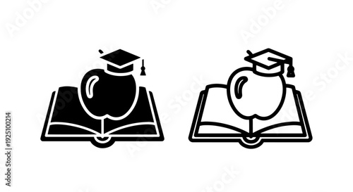 Education Symbol Featuring Open Book Apple and Graduation Mortarboard Cap for Academic Success