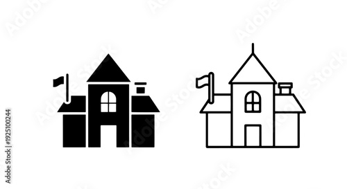 School Building Icon with Flag and Clock Tower for Educational and Community Concepts