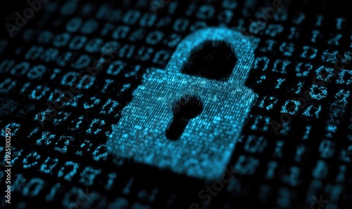 Digital padlock glows blue against a background of binary code, representing cyber security