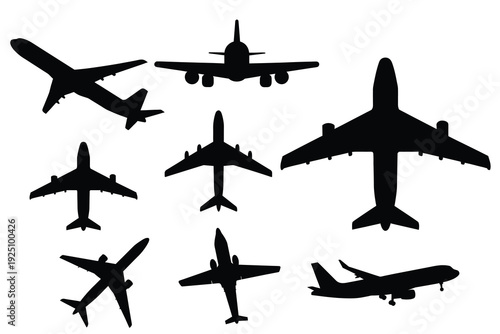 Set of Airplane Silhouettes, Aviation Icons and Commercial Airliner Vector Symbols Isolated on White Background