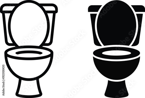 Toilet icon set featuring linear and solid black silhouettes for bathroom interior equipment