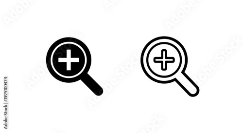Zoom In Magnifying Glass Icon Set with Plus Symbol for Interface Enlargement and Detail View Tools