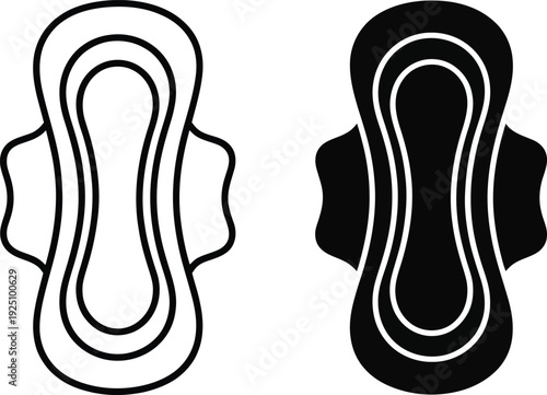 Menstrual pad icons showing outline and solid black feminine hygiene product for menstruation
