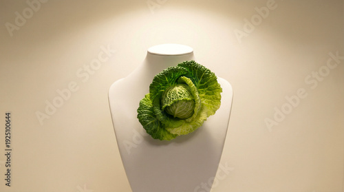 Green cabbage displayed as a fashionable piece of clothing on mannequin  