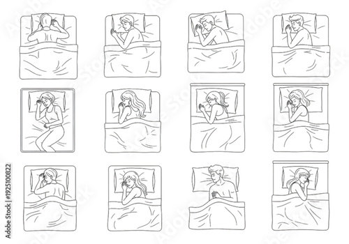 Sleeping Positions Set – Men and Women Lying in Bed Top View Line Art Illustration